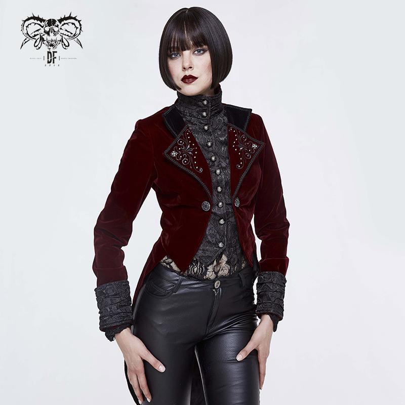 Black And Red Gothic Embroidered Women Velveteen Swallowtail Coat