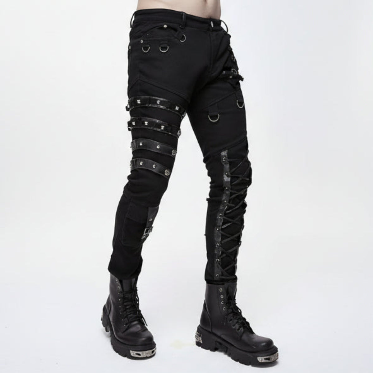Punk Heavy Metal Lace Up Leg Torn Men Trousers With Loops