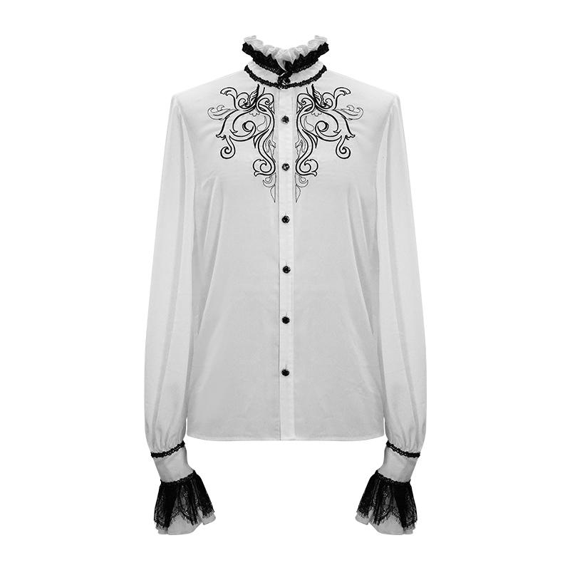 Punk Wedding Gothic Embroidered Long Sleeve Chiffon White Men Shirt With Necktie