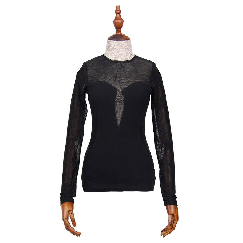 Elastic Spider Web Round Collar Knitted Sexy Transparent Back Women Thin T Shirt