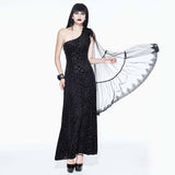 One Shoulder Asymmetrical Dark Pattern Stretchy Velvet Long Dress With Shawl