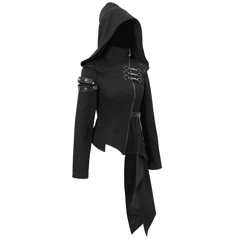 Asymmetrical Women Black Zipper Up Punk Hooded Jacket