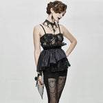 Asymmetric Embroidered Organza Hem Velvet Belt Sexy Women Lace Camisole