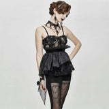 Asymmetric Embroidered Organza Hem Velvet Belt Sexy Women Lace Camisole