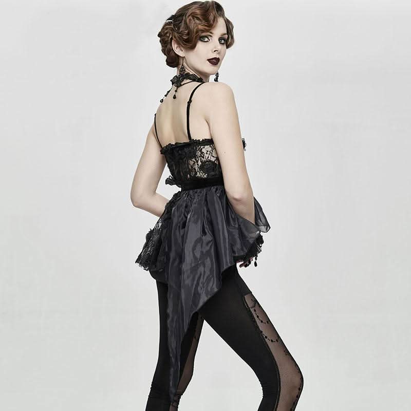 Asymmetric Embroidered Organza Hem Velvet Belt Sexy Women Lace Camisole