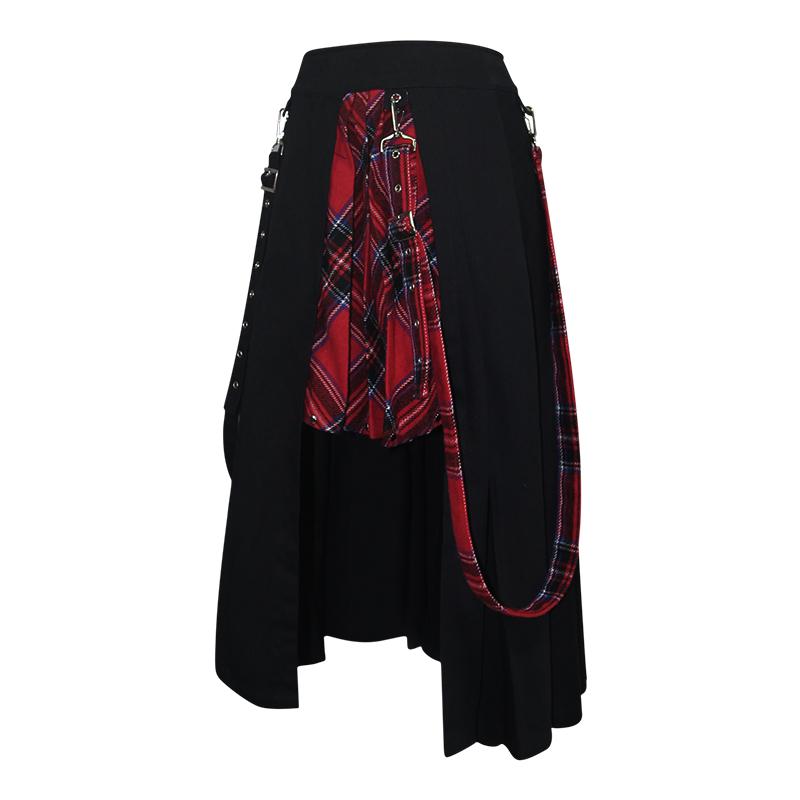 Daily Life Young Girls Fake 2 Pieces Black And Red Scottish Plaid Overskirt With Adjust Loops