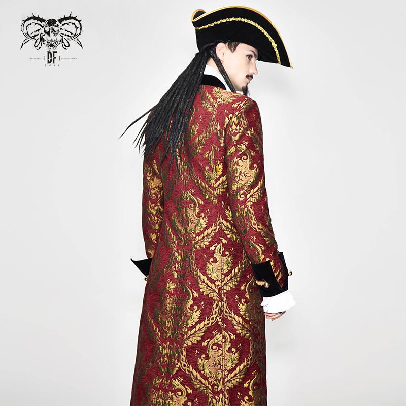 Pirate Style Red And Gold Jacquard Gothic Pattern Men Long Coat