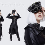 Military Uniform Punk Spiked Black Bright Leather Hat With Chains