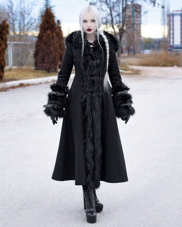 'Baroness' Gothic Long Coat with Fur Collar and Sleeves
