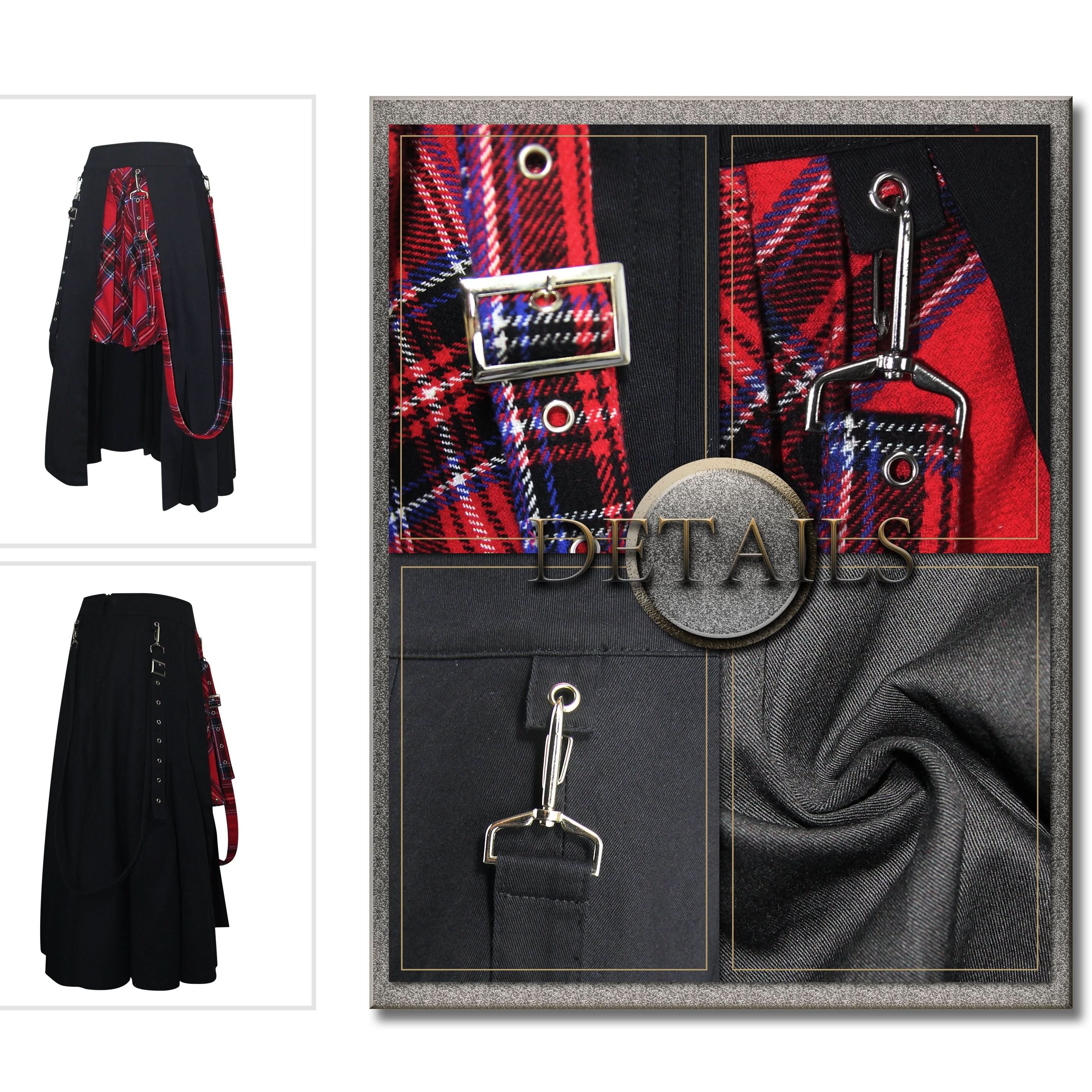 Daily Life Young Girls Fake 2 Pieces Black And Red Scottish Plaid Overskirt With Adjust Loops