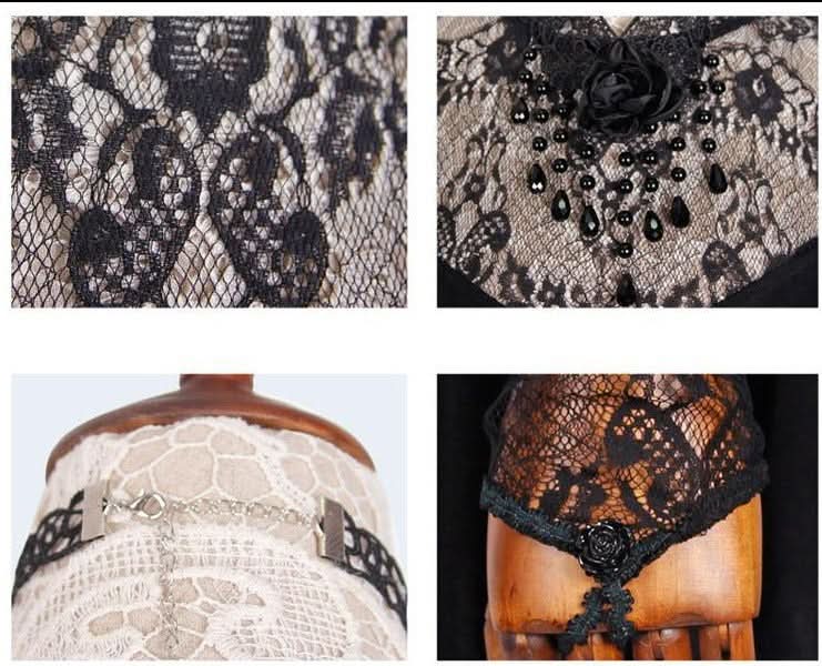 Gothic Sexy Women Mid Length Gothic Patterned Lace Modal T Shirt With Necklace