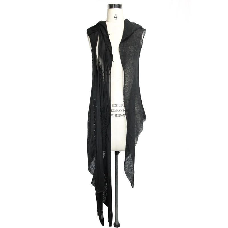 Punk Asymmetrical Women Broken Holes Black Hooded Cape