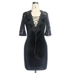 Daily Lace Raglan Sleeves Rose Mesh Flocking Sexy Women Deep V Velvet Dress With Lotus Leaf