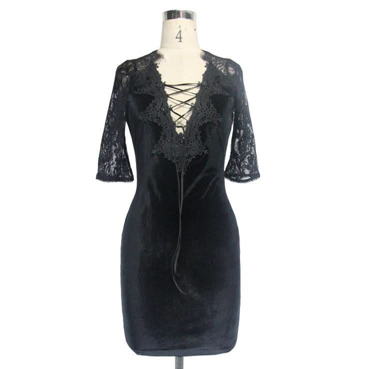 Daily Lace Raglan Sleeves Rose Mesh Flocking Sexy Women Deep V Velvet Dress With Lotus Leaf