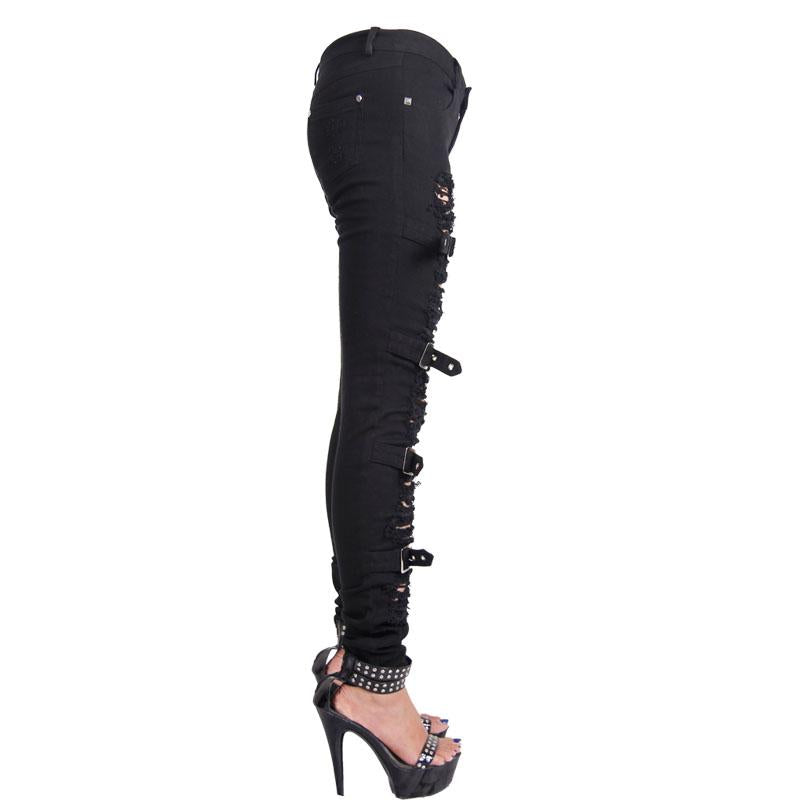 Devil Fashion Black Broken Holes Punk Women Ripped Jeans With Loops