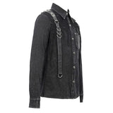 Spring Asymmetric Design Mesh Spliced Punk Rock Black Men Shirts With Straps And Pocket