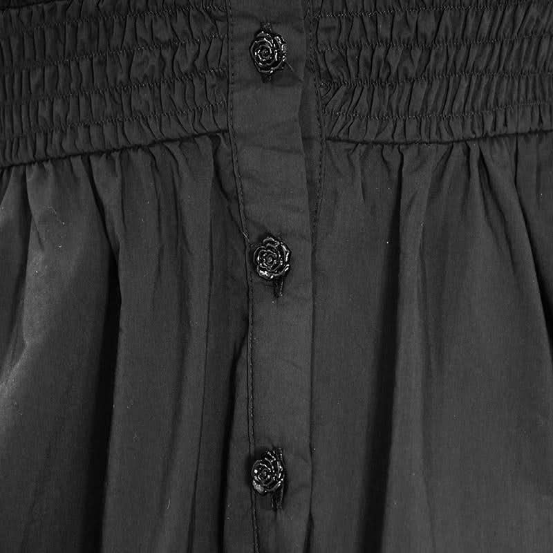 Horizontal Neck Elastic Rubber Waist Stretchy Women Black Shirts With Rose Flower