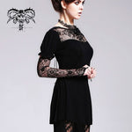 Gothic Sexy Women Mid Length Gothic Patterned Lace Modal T Shirt With Necklace