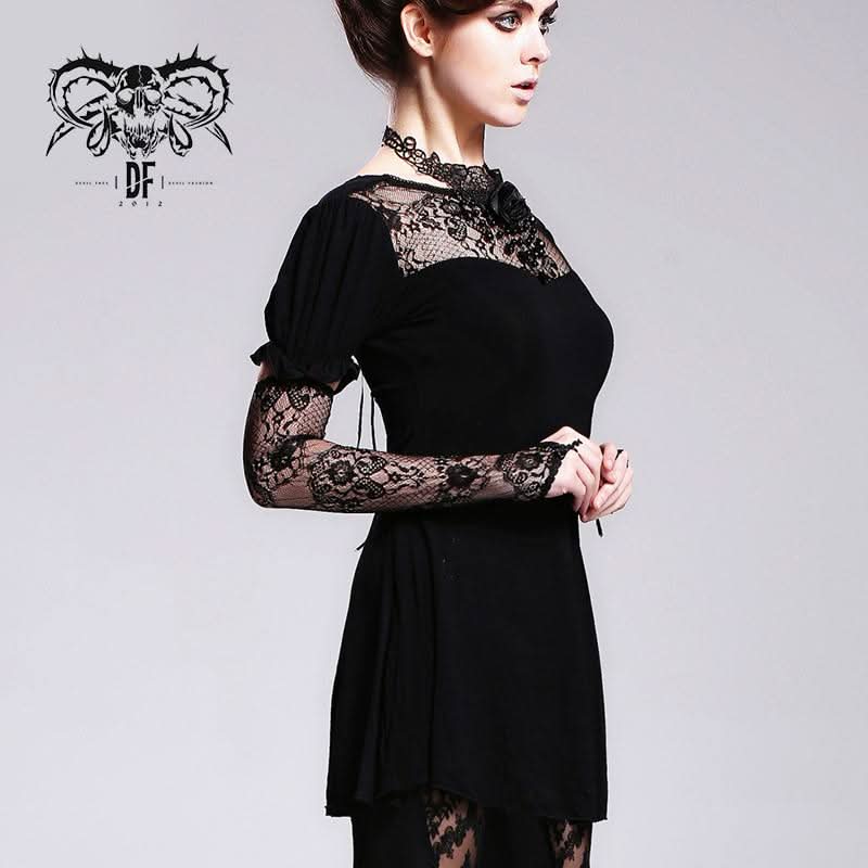 Gothic Sexy Women Mid Length Gothic Patterned Lace Modal T Shirt With Necklace