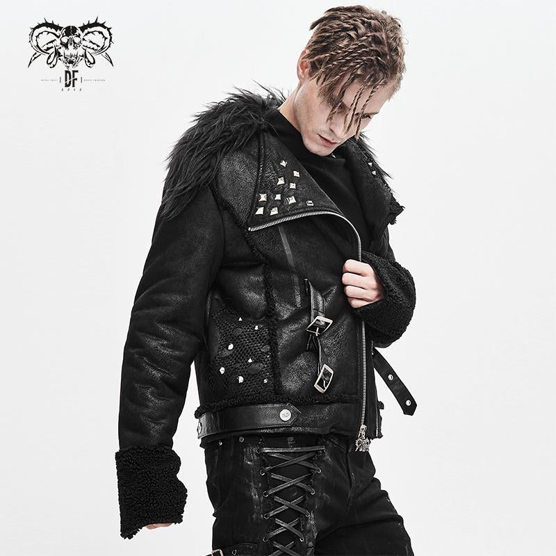 Decadent Punk Warm Spiked Fur Collar Men Wool Short Jacket With Loops