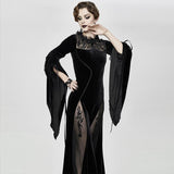 Flocking Pattern Trumpet Sleeve Sexy Ladies Gothic Party Fitted Velvet Dress