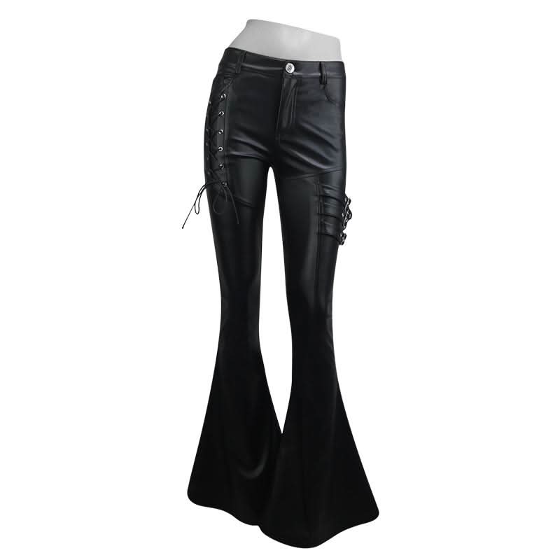 Autumn And Winter Street Wear Elegant Punk Women Flared Leather Pants
