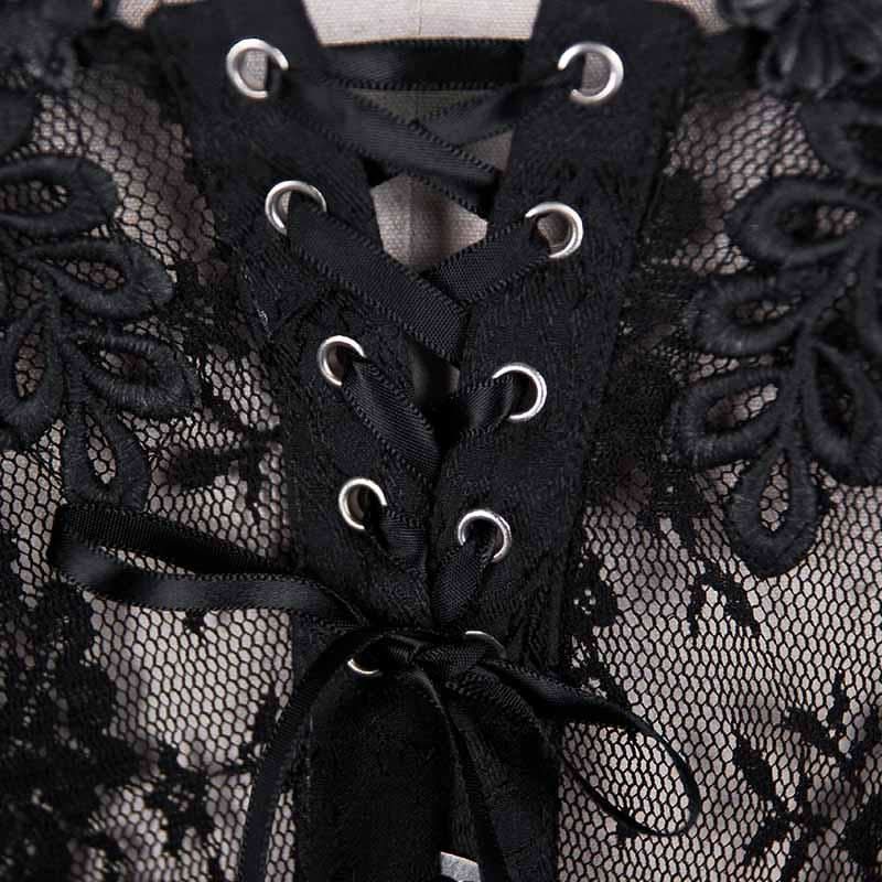 Gothic Adjustable Steel Buckles Fishbone Transparent Lace Corset With Feather Flowers