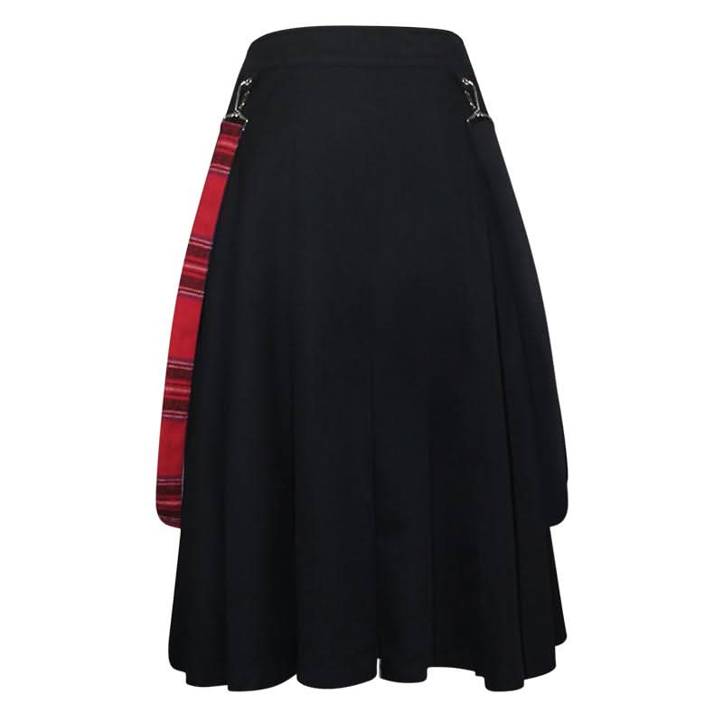 Daily Life Young Girls Fake 2 Pieces Black And Red Scottish Plaid Overskirt With Adjust Loops
