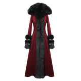 Daily Life Winter Sexy Women Red Gothic Party Woolen Hooded Long Coat With Fur