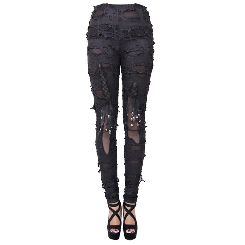 Daily Leather Palm Broken Holes Coated Knit Punk Women Leggings