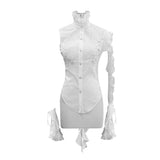 Summer Gothic White Women Ruffled Lace Sleeves Swallowtail High Collar Blouse