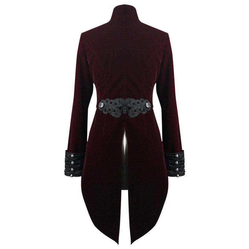 Black And Red Gothic Embroidered Women Velveteen Swallowtail Coat