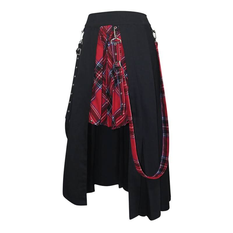 Daily Life Young Girls Fake 2 Pieces Black And Red Scottish Plaid Overskirt With Adjust Loops