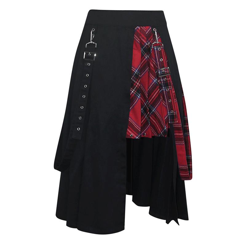 Daily Life Young Girls Fake 2 Pieces Black And Red Scottish Plaid Overskirt With Adjust Loops