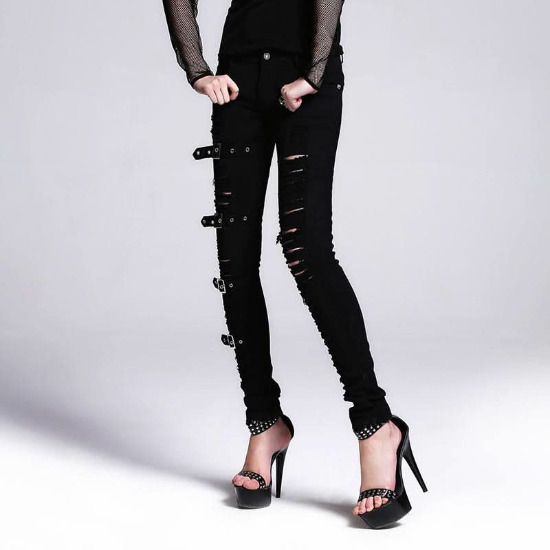 Devil Fashion Black Broken Holes Punk Women Ripped Jeans With Loops
