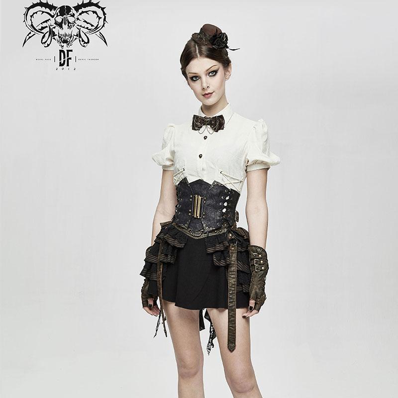 Women Brown Slim Steampunk Curly Grain Texture Lace Up Leather Corset