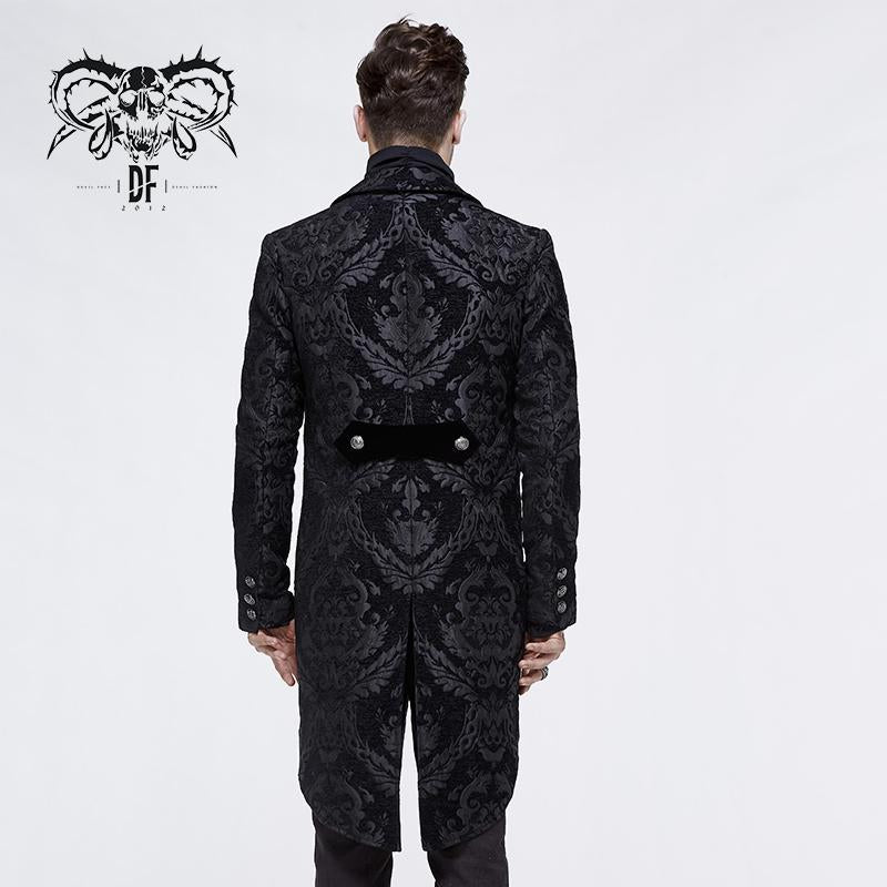 Gothic Jacquard High Low Men Warm Black Dress Coat With Slit