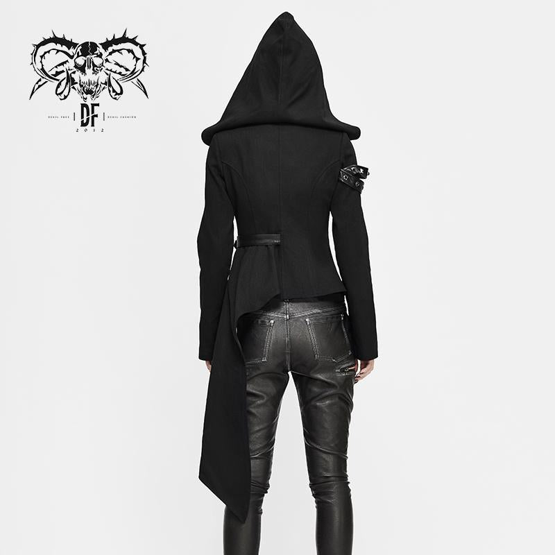 Asymmetrical Women Black Zipper Up Punk Hooded Jacket