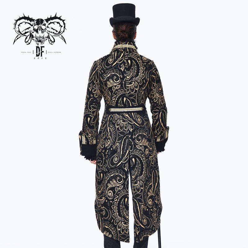Pirate Costume Gothic Paisley Jacquard Fake Two Pieces Golden Men Long Coat