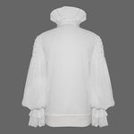 Gothic Lace Cuff High Collar Pleated Chiffon White Men Shirts With Flounces Necktie