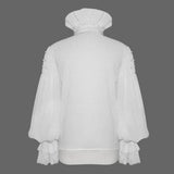 Gothic Lace Cuff High Collar Pleated Chiffon White Men Shirts With Flounces Necktie