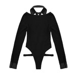 Lace Up Long Sleeves Sexy Women Punk Knitted Cotton Jumpsuit With Collar