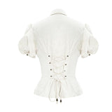 Summer Steampunk Short Puff Sleeve Solid Color Women Cotton And Linen White Blouse