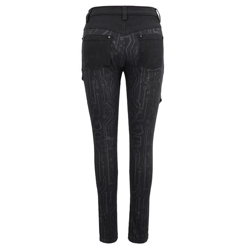 Pt142 Cyberpunk Circuit Printed Leather Loops Women Pants