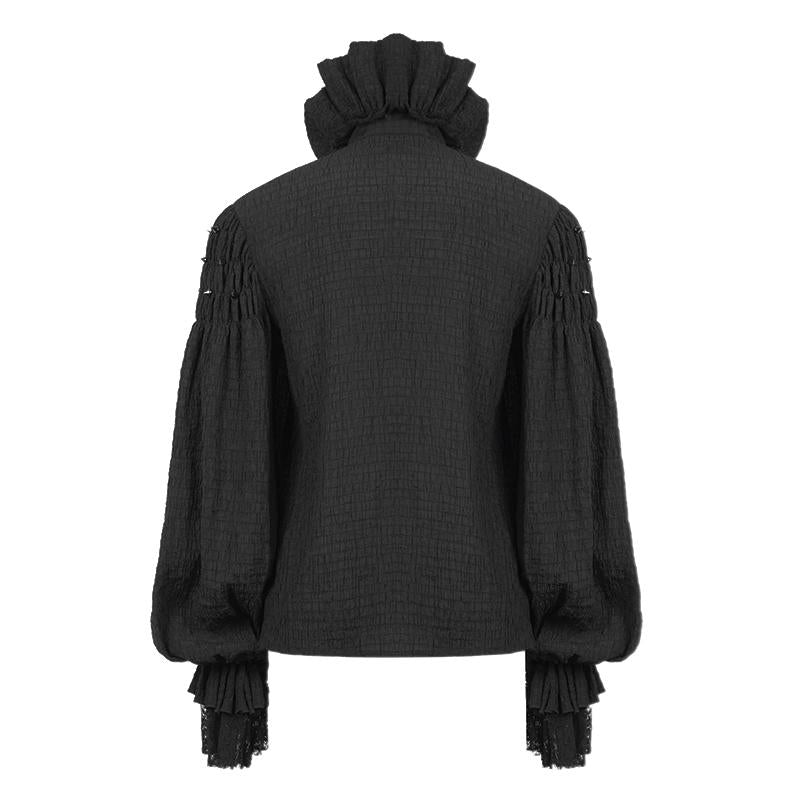 Gothic Double Layer Cuff Design High Collar Pleated Chiffon Black Men Lace Shirts