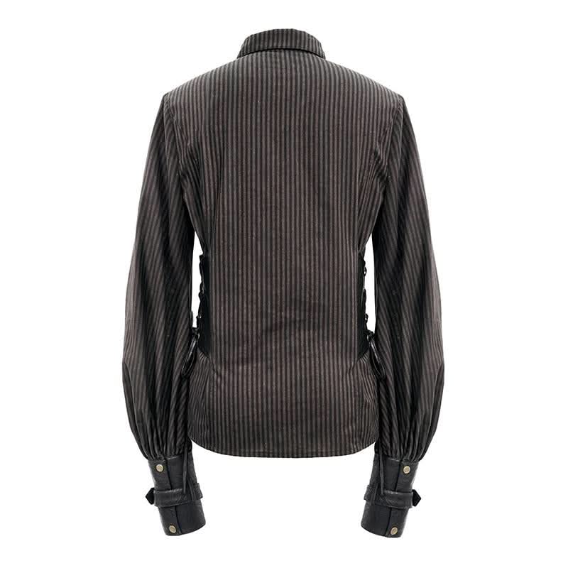 Western Fashion Autumn Steampunk Brown Striped Shirts With Fake Belt