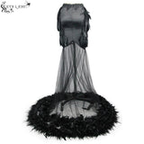 Feather Floor Length Gown Sexy Ladies Elastic Satin Half Fishtail Skirt With Flower
