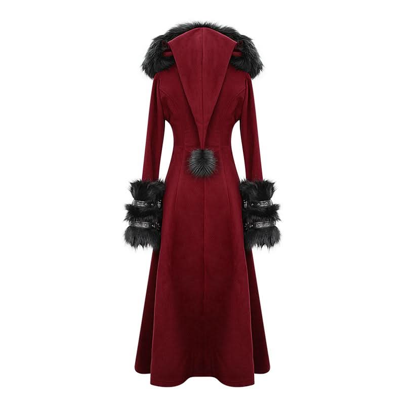 Daily Life Winter Sexy Women Red Gothic Party Woolen Hooded Long Coat With Fur