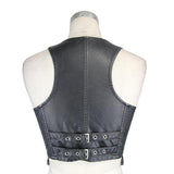 Women Black And Silver Punk Short Faded Leather Waistcoat With Pockets