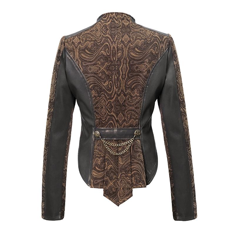 Steampunk Coffee Jacquard Women Slim Short Jackets With Chains